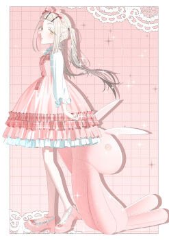 1girl a-line_dress absurdres blonde_hair border bow breasts checkered_background collared_shirt colored_eyelashes commentary dress frilled_dress frilled_shirt_collar frills from_side full_body gakuen_idolmaster gradient_hair grey_hair hair_bow hair_ornament hair_tie hairclip high_heels highres holding holding_stuffed_toy idolmaster light_blush lolita_fashion lone_nape_hair long_hair long_sleeves looking_back mozaemon multicolored_hair orange_eyes outside_border parallel_hairclips parted_lips pinafore_dress pink_background pink_bow pink_dress pink_shoes plaid_bow shinosawa_hiro shirt shoes sleeveless sleeveless_dress small_breasts solo sparkle sparkling_aura standing stuffed_animal stuffed_rabbit stuffed_toy swept_bangs twintails white_border white_shirt