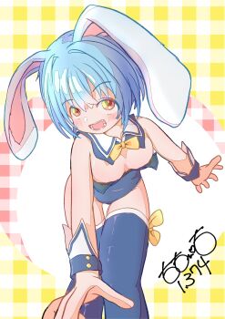 1girl animal_ears artist_name blue_hair blue_leotard blush bow breasts detached_collar dot_nose fake_animal_ears highres imminent_wardrobe_malfunction large_breasts leaning_forward leotard looking_at_viewer open_mouth orange_eyes original outstretched_arms plaid_background playboy_bunny rabbit_ears sailor_collar short_hair signature simple_background smile solo strapless strapless_leotard thighhighs thighs totomoto wrist_cuffs yellow_bow