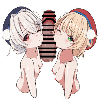 2girls bar_censor beret blonde_hair blush breasts censored cheek_press commentary completely_nude cropped_torso disembodied_penis erection green_eyes grey_hair hair_ornament hair_rings hat highres indie_virtual_youtuber kkillusked large_penis loli looking_at_viewer multiple_girls nipples nude one_eye_closed penis penis_on_cheek pom_pom_(clothes) pom_pom_hair_ornament pov red_eyes red_hat shigure_ui_(vtuber) short_hair side_up_ring simple_background small_breasts ui_(voisona) virtual_youtuber voisona white_background wispy_bangs