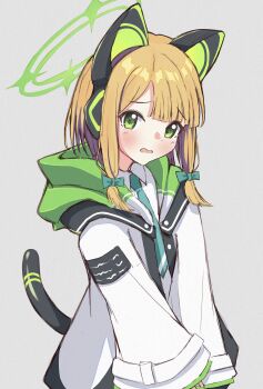 1girl absurdres animal_ear_headphones animal_ears black_tail blonde_hair blue_archive blush bow cat_ear_headphones cat_ears cat_tail collared_shirt commentary_request embarrassed fake_animal_ears fake_tail furrowed_brow green_bow green_eyes green_halo green_jacket green_necktie grey_background hair_bow halo headphones highres hood hood_down hooded_jacket jacket long_sleeves looking_at_viewer low-tied_sidelocks medium_hair midori_(blue_archive) multicolored_jacket necktie open_clothes open_jacket open_mouth parted_bangs sangria shirt sidelocks simple_background sleeves_past_wrists solo tail v_arms wavy_mouth white_jacket white_shirt wide_sleeves