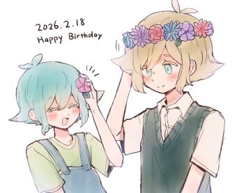 Rule 34 | 2026, 2boys, :d, ^ ^, antenna hair, arm up, basil (faraway) (omori), basil (headspace) (omori), basil (omori), blonde hair, blue eyes, blue overalls, blush, closed eyes, closed mouth, commentary, dated, double-parted bangs, dual persona, flower, flower wreath, green hair, green shirt, green sweater vest, hair between eyes, hair flower, hair ornament, happy birthday, head wreath, male focus, multiple boys, notice lines, okudo (okudo61), omori, open mouth, overalls, shirt, short sleeves, sidelocks, simple background, smile, sweater vest, t-shirt, upper body, white background