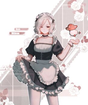 1boy ? alternate_costume androgynous apron bags_under_eyes black_dress black_eyes character_name chinese_commentary choker clothes_lift commentary_request cowboy_shot crossdressing crossdressing_(mtf) dress dress_lift dungeon_meshi elf english_text enmaided floral_background flower frilled_apron frilled_choker frills grey_hair hand_up highres kaixiaohaozi lazy_eye looking_at_viewer maid maid_apron maid_headdress male_focus male_maid mithrun multiple_scars pointy_ears puffy_sleeves rose scar short_hair solo thighhighs trap uneven_eyes waist_apron walking_mushroom_(dungeon_meshi) wavy_hair white_apron white_thighhighs wrist_cuffs