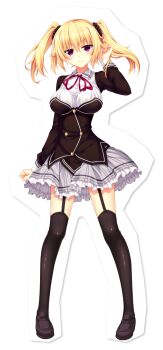 Rule 34 | 1girl, adjusting hair, black garter straps, black jacket, black scrunchie, black shoes, black thighhighs, blonde hair, blush, breasts, closed mouth, collared shirt, full body, garter straps, grey skirt, hair ornament, hair scrunchie, hand up, highres, jacket, large breasts, loafers, long sleeves, looking at viewer, miniskirt, neck ribbon, nora to oujo to noraneko heart, official art, oozora itsuki, patricia of end, pleated skirt, purple eyes, red ribbon, ribbon, school uniform, scrunchie, shirt, shoes, simple background, skirt, smile, solo, standing, tachi-e, thighhighs, transparent background, twintails, white shirt, wing collar