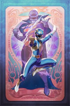 1boy absurdres blue_bodysuit blue_border blue_helmet bodysuit boom!_studios border card commentary dino_buckler english_commentary full_body gloves gradient_border helmet highres male_focus mighty_morphin_blue_ranger mighty_morphin_power_rangers official_art power_rangers power_rangers_(boom!_studios) power_rangers_in_space projected_inset tight_clothes tintanega tricera_ranger white_gloves