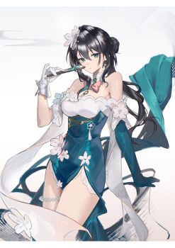 Rule 34 | 1girl, absurdres, asymmetrical gloves, bare shoulders, black hair, breasts, closed mouth, commentary request, detached collar, dress, flower, folded fan, folding fan, gem, gloves, green dress, green gem, green gloves, hair between eyes, hair flower, hair ornament, hand fan, hand up, highres, holding, holding fan, honkai: star rail, honkai (series), long hair, looking at viewer, mismatched gloves, official alternate costume, ruan mei (honkai: star rail), ruan mei (plumblossom letter) (honkai: star rail), sasa (sasa ekakiman), short sleeves, simple background, solo, standing, uneven gloves, white dress, white gloves