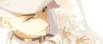 1boy absurdres blue_eyes blurry blurry_background bodysuit chinese_commentary commentary_request copyright_logo depth_of_field from_above gold_trim highres logo looking_at_viewer nice_(to_be_hero_x) official_art parted_lips short_hair smile solo_focus to_be_hero to_be_hero_x too_many_hands white_bodysuit white_hair