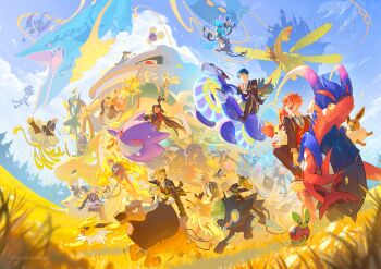 6+boys ace_trappola ahoge animal_ears black_eyes black_hair blonde_hair blue_eyes blue_hair character_request club_(shape) colored_sclera crystalreydraws drifloon eevee espeon everyone fangs floyd_leech gen_1_pokemon gen_2_pokemon gen_4_pokemon grim_(twisted_wonderland) hat highres jack_howl jade_leech jolteon jumpluff koraidon leona_kingscholar lion_tail miraidon multiple_boys munchlax necktie night_raven_college_school_uniform nintendo on_head one_eye_closed open_mouth orange_hair pokemon pokemon_(creature) pokemon_on_head purple_hair red_eyes red_hair red_sclera riding riding_pokemon riolu saddle school_uniform smile striped_necktie tail tree twisted_wonderland umbreon vaporeon white_hair