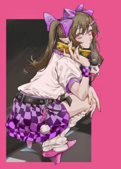 Rule 34 | 1girl, absurdres, brown hair, geta, hat, highres, himekaidou hatate, holding, holding phone, looking at viewer, looking back, loose socks, phone, pink eyes, plaid clothes, plaid skirt, pointy ears, purple hat, purple skirt, skirt, socks, solo, squatting, tokin hat, touhou, twintails, white background, yamazaki tsukune