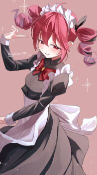 Rule 34 | 1girl, apron, black dress, blush, commentary, dress, drill hair, hair between eyes, highres, kasane teto, long hair, long sleeves, looking at viewer, lryutanl, maid, maid apron, maid headdress, open mouth, puffy sleeves, red eyes, red hair, solo, twin drills, utau