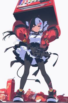 1girl black_choker black_hair black_pantyhose choker dgle3370 drink_carton expressionless lacrimosa_(nte) neverness_to_everness pantyhose standing tail vending_machine white_hair