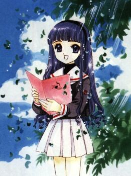 1990s_(style) 1girl :d book cardcaptor_sakura clamp daidouji_tomoyo female_focus long_hair music open_mouth outdoors retro_artstyle school_uniform singing sky smile solo tomoeda_middle_school_uniform
