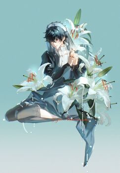 1boy arms_up black_hair black_nails black_shirt black_thighhighs buttons closed_mouth collared_shirt commentary crossdressing crossdressing_(mtf) dan_heng_(honkai:_star_rail) earrings flower gradient_background hair_between_eyes highres honkai:_star_rail honkai_(series) jewelry kneeling leaf lily_(flower) long_sleeves male_focus nail_polish parted_hair piercing shirt short_hair sitting solo string_of_pearls symbol-only_commentary thighhighs twitter_username veil white_flower white_shirt yui_hakuchuumu