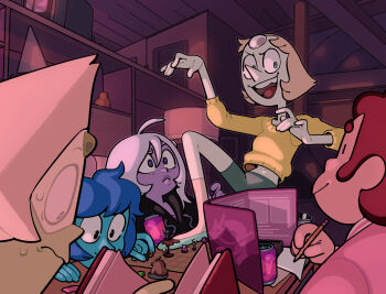 1boy 4girls alternate_costume amethyst_(steven_universe) blue_eyes blue_hair blue_skin colored_skin discount-supervillain dungeons_&amp;_dragons forehead_jewel gem green_skin highres lapis_lazuli_(steven_universe) lips long_hair multiple_girls open_mouth pearl_(steven_universe) peridot_(steven_universe) pointy_nose purple_skin short_hair smile steven_quartz_universe steven_universe steven_universe:_future steven_universe_future teeth