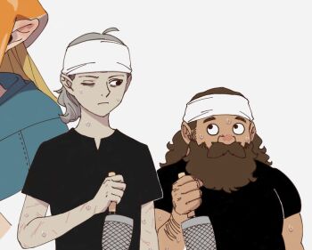 2boys bags_under_eyes beard black_shirt brown_hair dungeon_meshi dwarf elf facial_hair grey_hair headband holding lazy_eye long_beard looking_at_another male_focus mithrun multiple_boys multiple_scars mustache noodle_strainer notched_ear pointy_ears ponytail scar senshi_(dungeon_meshi) shirt short_hair short_ponytail snorc strainer sweat thick_mustache uneven_eyes white_background white_headband