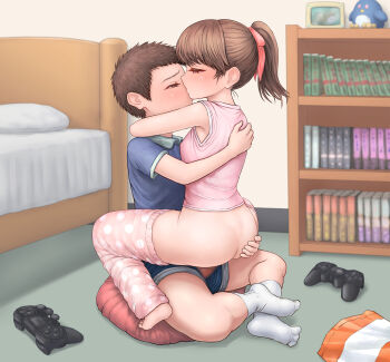 1boy 1girl armpit_peek arms_around_neck ass ass_grab bare_arms barefoot bed blue_shirt blush bookshelf breasts brown_hair kodomo_doushi clothes_pull controller covered_erect_nipples cushion floor full_body game_controller hair_ribbon half-closed_eyes hetero highres hug indoors loli midriff_peek mitsu_(komainumilk) no_bra no_panties no_shoes on_floor original pajamas pants pants_pull pink_pants pink_ribbon pink_shirt polka_dot polka_dot_legwear ponytail ribbon room sex shirt short_hair shota sitting sleeveless sleeveless_shirt small_breasts socks straddling upright_straddle very_short_hair white_socks