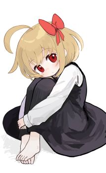 1girl ahoge ascot barefoot black_dress blonde_hair blush closed_mouth collared_shirt commentary_request dress feet full_body hair_ribbon highres kibisake long_sleeves looking_at_viewer red_ascot red_eyes red_ribbon ribbon rumia shirt short_hair simple_background sitting solo toes touhou white_background white_shirt