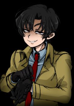 Rule 34 | 1boy, absurdres, adjusting clothes, adjusting gloves, black background, black gloves, black hair, boku dake ga inai machi, brown coat, coat, commentary request, evil smile, gesugao, gloves, grey shirt, grin, highres, long sleeves, necktie, red eyes, red necktie, segawasa, shirt, short hair, simple background, smile, solo, spoilers, upper body, v-shaped eyebrows, yashiro gaku
