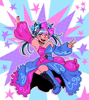 1girl bare_shoulders black_hair black_nails blue_choker blue_hair blue_streaks blush blush_stickers boots bow breasts choker collarbone commentary danganronpa_(series) danganronpa_10th_anniversary_costume danganronpa_2:_goodbye_despair detached_sleeves dress english_commentary eyelashes face_piercing fingernails full_body hair_bow hair_horns long_hair ministarfruit mioda_ibuki mouth_piercing multicolored_hair nail_polish official_alternate_costume official_alternate_hairstyle open_mouth piercing pink_bow pink_eyes pink_hair pink_streaks smile solo spiked_choker spikes star_(symbol) streaked_hair teeth two-tone_dress v white_hair