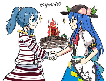 4girls angry blue_eyes blue_hair blue_skirt burning cg_pen green_hair hakurei_reimu hand_on_own_hip handshake hat hinanawi_tenshi holding_hands komano_aunn miyadeguchi_mizuchi multiple_girls one-hour_drawing_challenge red_eyes ribbon shirt shrine signature simple_background skirt smile sparkle touhou white_background white_eyes white_shirt white_skirt