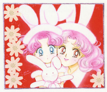 2girls absurdres animal_ear_headwear animal_ears animal_hat bishoujo_senshi_sailor_moon bishoujo_senshi_sailor_moon_stars blue_eyes cheek-to-cheek chibi_chibi chibi_usa child cone_hair_bun double_bun fake_animal_ears flower hair_bun hat heads_together heart_hair_bun highres multiple_girls non-web_source official_art pink_hair rabbit_hat red_background red_eyes santa_costume scan self-scan signature smile stuffed_animal stuffed_rabbit stuffed_toy surprised takeuchi_naoko wavy_hair