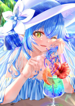 1girl absurdres ayakase_hotaru bare_shoulders blue_hair blurry blurry_background blush breasts cleavage cup detached_sleeves dress drink drinking_straw elf flower flower_as_hat food fruit glass hand_on_table hat highres hololive ice ice_cube large_breasts leaf long_hair open_mouth palm_tree pointy_ears red_flower sitting sky solo sun_hat sundress table tree virtual_youtuber water white_dress yellow_eyes yukihana_lamy