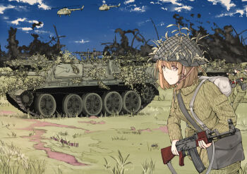 1girl 3boys aircraft ak-47 armored_vehicle assault_rifle bad_id bad_pixiv_id bmp-1 brown_eyes brown_hair caterpillar_tracks cloud day east_germany explosion grass gun helicopter kalashnikov_rifle machine_gun maz543 mi-14 military military_uniform military_vehicle motor_vehicle multiple_boys nationale_volksarmee original rifle short_hair sky soviet_army strichtarn t-55 tank weapon