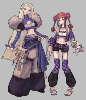 Rule 34 | 2girls, baggy pants, belt, belt pouch, black belt, black pants, black shoes, black shorts, blue nails, blue shirt, blunt bangs, blunt ends, breasts, brown belt, cleavage cutout, closed mouth, clothing cutout, collar, comb, commentary, crop top, cropped jacket, full body, gachiakuta, green eyes, grey background, grey hair, grey jacket, grey pants, grin, hair extensions, hair ornament, hair pulled back, hairclip, highres, holding, holding comb, hu akura, jacket, leg warmers, lipstick, long hair, long sleeves, looking at viewer, makeup, medium breasts, midriff, multicolored jacket, multiple girls, nail polish, navel, no eyebrows, noerde hew amozo, open clothes, open jacket, pants, pouch, purple eyes, purple jacket, red collar, red hair, red lips, ring hair extensions, riyo reaper, scissors, shirt, shoes, short eyebrows, short shorts, shorts, sidelocks, simple background, smile, standing, strapless, thigh pouch, thigh strap, tube top, two-tone jacket, two-tone pants, untranslatable commentary, very long hair, white shoes, white tube top