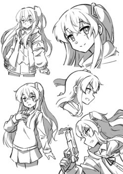 1girl alternate_costume armband collared_shirt commentary cowboy_shot cropped_legs crossed_bangs double-parted_bangs dress_shirt girls&#039;_frontline greyscale gun hair_between_eyes hand_on_own_chest handgun highres holding holding_gun holding_weapon hood hood_down hooded_jacket jacket jiwon_(sj1) long_hair looking_at_viewer monochrome multiple_views neck_ribbon one_side_up open_clothes open_jacket open_mouth pantyhose portrait ribbon scar scar_across_eye scar_on_face shirt sidelocks simple_background sketch skirt smile smoke sweater_vest ump45_(girls&#039;_frontline) upper_body very_long_hair weapon weapon_request white_background