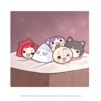 ayame_(blue_archive) ball black_hair blonde_hair blue_archive commentary doll donmin_h english_commentary fang grey_hair horns kikyou_(blue_archive) nagusa_(blue_archive) no_humans official_art one_eye_closed open_mouth purple_hair red_hair renge_(blue_archive) single_horn skin_fang yukari_(blue_archive)