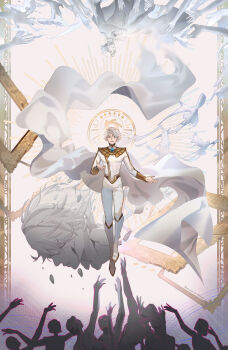 1boy absurdres allenerie artist_name bird blue_eyes boots border bracer bust_(sculpture) cape commentary dove empty_picture_frame english_commentary floating full_body halo halo_behind_head hands_up highres jacket knee_boots long_sleeves looking_at_viewer male_focus nice_(to_be_hero_x) ornate_border pants parted_lips picture_frame reaching reaching_towards_another short_hair smile solo_focus statue symbolism to_be_hero to_be_hero_x very_long_cape white_boots white_cape white_hair white_jacket white_pants