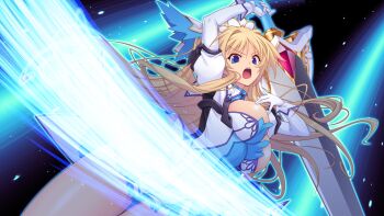 1girl :o arm_up armor blonde_hair blue_eyes breasts cleavage cleavage_cutout clothing_cutout cowboy_shot dress dutch_angle elbow_gloves erika_la_etienne floating_hair frills game_cg gloves hair_between_eyes hair_intakes hair_ornament holding holding_sword holding_weapon huge_weapon juliet_sleeves kourin_tenshi_en_ciel_rena large_breasts large_variant_set long_hair long_sleeves looking_at_viewer magical_girl miniskirt non-web_source official_art open_mouth puffy_sleeves saitou_natsuki short_dress sidelocks skirt solo standing suhamaya sword thighs v-shaped_eyebrows variant_set very_long_hair weapon white_dress white_gloves