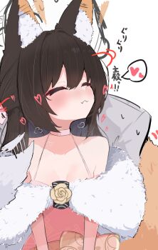 1girl animal_ear_fluff animal_ears bare_shoulders blue_archive blush breasts closed_eyes closed_mouth commentary_request dress fox_ears fox_girl fox_tail fur-trimmed_dress fur_trim heart highres izuna_(blue_archive) izuna_(dress)_(blue_archive) nyashiro_(sgylk) off_shoulder official_alternate_costume pink_dress revision small_breasts speech_bubble spoken_heart tail upper_body
