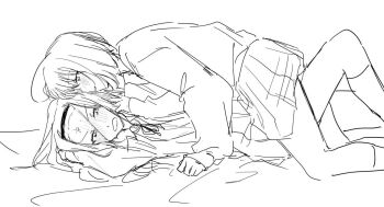 2girls anger_vein blush greyscale hairband kirarazaka_marina kuze_shizuka leg_between_thighs long_hair mobudeshi monochrome multiple_girls open_mouth parted_lips pleated_skirt school_uniform short_hair skirt smile sweat takopii_no_genzai yuri