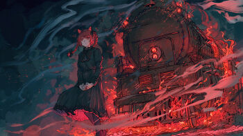 1girl absurdres animal_ear_fluff animal_ears bow bowtie braid cat_ears chinese_commentary closed_mouth commentary_request dress extra_ears fire frown green_bow green_bowtie green_dress hair_bow highres interlocked_fingers kaenbyou_rin long_hair long_sleeves own_hands_together red_eyes red_fire red_hair smoke solo touhou train twin_braids zsefvgy