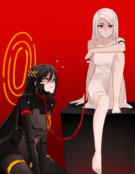 1yym 2girls android ariane_yeong barefoot black_hair closed_mouth collar commentary dress english_commentary falke_(signalis) gradient_background heart highres holding holding_leash leash long_hair multiple_girls parted_lips purple_eyes red_background red_eyes signalis sitting sweat white_dress white_hair yuri