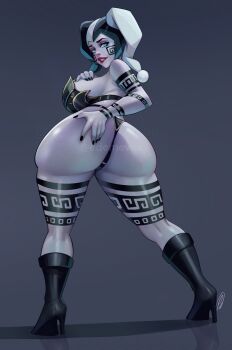 1girl arm_tattoo armor artist_name ass ass_focus bikini_armor black_boots black_hat black_nails boots breasts cheek_tattoo colored_skin commentary ed_(edemevas) english_commentary full_body full_moon gradient_background grey_background grey_skin hand_on_own_ass hand_on_own_chest hat high_heel_boots high_heels highres jester_cap large_breasts leg_tattoo looking_at_viewer looking_back looking_to_the_side moon navel original red_lips signature solo tattoo two-tone_hat watermark white_hat