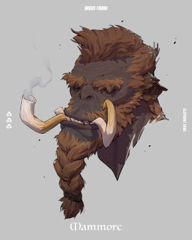 1boy absurdres braid braided_beard brown_hair character_name commentary elephant_boy english_commentary facial_hair grey_background highres male_focus monster_boy orc original patrick_ganas portrait short_hair sideburns simple_background smoking_pipe smoking_pipe_in_mouth solo thick_eyebrows tusks