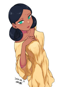 1girl aqua_eyes bindi black_hair breasts char's_counterattack collarbone covered_erect_nipples dark-skinned_female dark_skin dated dress female_focus from_above gundam hair_rings indian lalah_sune long_dress looking_at_viewer medium_hair mobile_suit_gundam no_pupils parted_bangs parted_lips perky_breasts solo tsukudani_(coke-buta) white_background yellow_dress