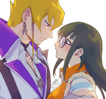 1boy 1girl black_eyes black_hair blonde_hair blush carly_nagisa closed_mouth coat commentary_request couple earrings from_side glasses hand_on_another&#039;s_shoulder hetero highres ishinonono jack_atlas jewelry long_hair looking_at_another necklace open_mouth purple_eyes short_hair sidelocks upper_body white_background white_coat yu-gi-oh! yu-gi-oh!_5d&#039;s
