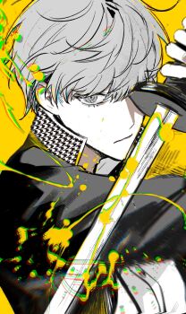 1boy arm_up closed_mouth collared_jacket e666lofter4 grey_eyes grey_hair hashtag-only_commentary highres holding holding_sword holding_weapon jacket looking_at_viewer male_focus narukami_yu one_eye_covered persona persona_4 popped_collar school_uniform short_hair solo sword upper_body weapon yasogami_school_uniform yellow_background