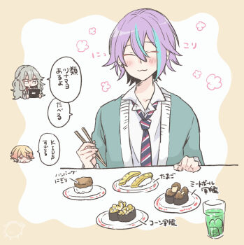 Rule 34 | 1girl, 2boys, :3, blue streaks, blush, cardigan, chopsticks, closed mouth, collarbone, collared shirt, commentary, corn, cup, diagonal-striped clothes, diagonal-striped necktie, dress shirt, drinking glass, facing viewer, fish (food), flower symbol, food, food name, green cardigan, grey hair, gunkanmaki, hair between eyes, hamburger steak, happy, hina (matsurika), holding, holding chopsticks, kamishiro rui, kamiyama high school uniform (project sekai), kusanagi nene, long hair, loose necktie, male focus, meatball, melon soda, multiple boys, necktie, nigirizushi, omelet, open cardigan, open clothes, orange hair, project sekai, purple hair, red necktie, school uniform, shirt, short hair, speech bubble, striped clothes, sushi, symbol-only commentary, tamagoyaki, tenma tsukasa, translation request, white shirt