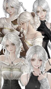1girl adjusting_hair android arm_strap artelsia artist_name black_pants bra bra_peek breasts brown_gloves center_opening ciri closed_mouth collarbone commentary crossed_arms crossover elbow_gloves english_commentary freckles frilled_cuffs frilled_sleeves frills gloves green_eyes hair_between_eyes hair_tie_in_mouth high-waist_pants highres jewelry leather leather_gloves long_hair looking_at_viewer medium_breasts medium_hair messy_hair mouth_hold necklace nier:automata nier_(series) off-shoulder_shirt off_shoulder pants parted_lips scar scar_on_face shirt simple_background sleeves_past_wrists smile standing sword sword_on_back teeth the_witcher_(series) the_witcher_3 underwear weapon weapon_on_back white_background white_bra white_hair white_shirt witcher_medallion