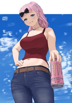 Rule 34 | 1girl, armpit crease, artist name, bare shoulders, belt, belt buckle, black bow, black bra, black panties, blue eyes, blunt bangs, bow, bra, bra peek, breasts, brown belt, buckle, can, carlo montie, cloud, cloudy sky, commentary, cowboy shot, crop top, day, denim, earrings, english commentary, eyelashes, fingernails, from below, fujiwara chika, hair bow, hand on own hip, highres, holding, holding can, incoming drink, jeans, jewelry, kaguya-sama wa kokurasetai ~tensai-tachi no renai zunousen~, large breasts, light blush, looking down, midriff, monster energy, navel, necklace, open mouth, outdoors, panties, pants, panty peek, pink hair, ponytail, raised eyebrows, red shirt, shirt, sky, smile, solo, sweat, underwear