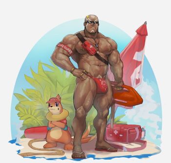 Rule 34 | 1boy, absurdres, bara, bare pectorals, buizel, bulge, buzz cut, clothed pokemon, dark-skinned male, dark skin, eyewear on head, facial hair, gen 4 pokemon, highres, large pectorals, lifeguard, male underwear, muscular, muscular male, nintendo, pectorals, pokemon, pokemon masters ex, red male underwear, robokeh, sawyer (pokemon masters ex), short hair, sunglasses, tinted eyewear, topless male, underwear, very short hair, white hair