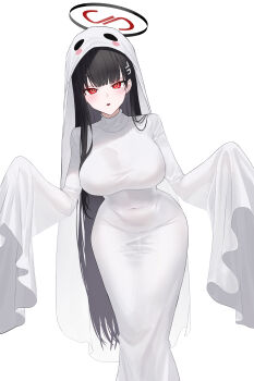 1girl :d absurdres black_hair blue_archive blush breasts covered_navel ghost_costume hair_ornament hairclip halo hayron highres large_breasts long_hair looking_at_viewer open_mouth red_eyes ringed_eyes rio_(blue_archive) simple_background sleeves_past_fingers sleeves_past_wrists smile solo very_long_hair white_background