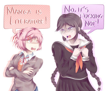 2girls arguing black_serafuku black_skirt braid collared_shirt commentary crossed_arms crossover danganronpa:_trigger_happy_havoc danganronpa_(series) doki_doki_literature_club doki_doki_literature_club_school_uniform english_commentary english_text fang fukawa_toko glasses grey_jacket hair_ornament hairclip jacket long_hair long_sleeves luevre mole mole_under_mouth multiple_girls natsuki_(doki_doki_literature_club) neck_ribbon neckerchief open_mouth orange_sweater_vest pink_hair profanity purple_eyes purple_hair red_neckerchief red_ribbon ribbon round_eyewear sailor_collar school_uniform serafuku shirt short_hair simple_background skirt skirt_set speech_bubble sweater_vest teeth twin_braids twintails two_side_up upper_teeth_only v-shaped_eyebrows wavy_mouth white_background white_sailor_collar white_shirt