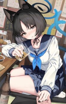 1boy 1girl animal_ear_fluff animal_ears black_eyes black_hair black_nails blue_archive blue_halo breasts cat_ears cat_girl cat_tail cup food halo holding holding_cup hyouta_(yoneya) kikyou_(blue_archive) kneeling looking_at_viewer medium_breasts multiple_tails no_shoes pov school_uniform serafuku short_hair solo_focus tail two_tails
