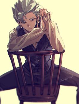 1boy black_pants black_vest camus_(dq11) chair closed_mouth dragon_quest dragon_quest_xi earrings frilled_sleeves frills gold_earrings grey_eyes grey_hair hair_slicked_back highres hkkmrbs hoop_earrings jewelry light_frown looking_at_viewer male_focus own_hands_clasped own_hands_together pants pinstripe_pattern pinstripe_vest shirt short_hair sitting sitting_backwards solo twitter_username upper_body vest waistcoat white_shirt yellow_background