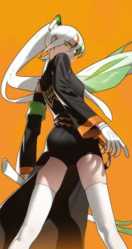 1girl 987645321o armband black_coat closed_mouth coat fighting_miku_(project_voltage) food from_below gloves green_eyes hashtag-only_commentary hatsune_miku highres holding holding_food holding_spring_onion holding_vegetable long_hair long_sleeves looking_down necktie nintendo orange_background pokemon project_voltage solo spring_onion thighhighs vegetable vocaloid white_gloves white_hair white_necktie white_thighhighs