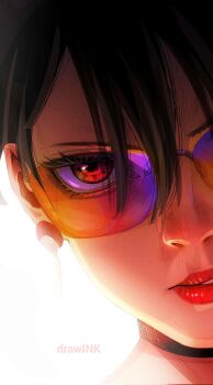 1girl artist_name backlighting black_hair boruto:_two_blue_vortex comic_panel_redraw commentary corrupted_twitter_file derivative_work drawink earrings glasses highres jewelry mangekyou_sharingan naruto_(series) parted_lips red_eyes red_lips rimless_eyewear sharingan solo uchiha_sarada uchiha_symbol